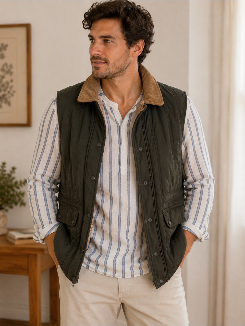 Reel Legends Quilted Olive Green Vest with Tan Corduroy Collar